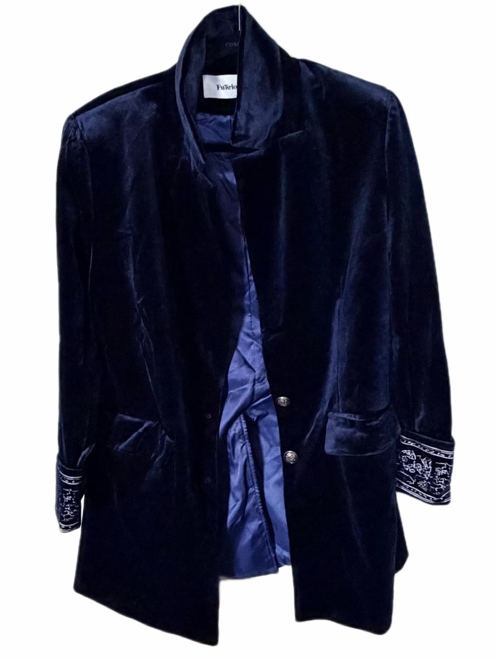 Futario vintage navy blue embroidered blazer white ruffle shirts XL